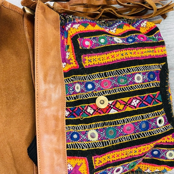 Brown Leather Fringe BOHO Embroidered Western Pattern Crossbody Flap Bag - Picture 10 of 15